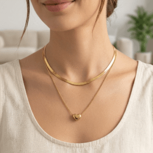 Amore' Layered Herringbone & Puffed Heart Pendant Necklace